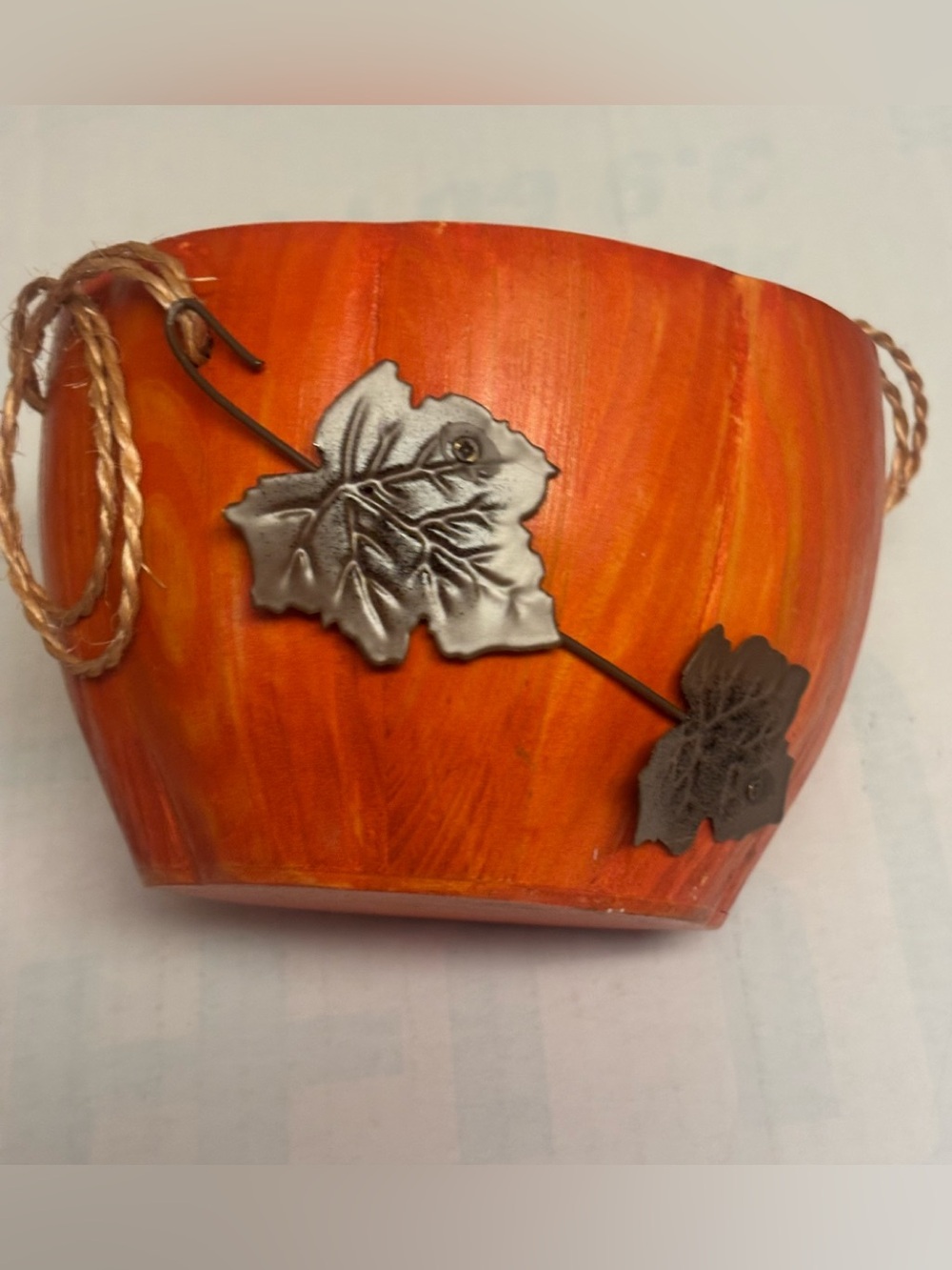 Avon Orange Hanging Planter with Silver Metal Leaf Accents